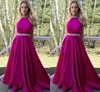 New Fuchsia Satin Evening Dresses Halter Beading Backless Floor Length Red Royal Blue Prom Dresses Long Graduation Homecoming Party Dresses