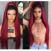 Sexy Ombre Burgundy Silky Straight Long Wigs with Baby Hair Heat Resistant Glueless Synthetic Lace Front Wigs for Black Women FZP23