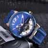 Nieuwe Executive Rose Gold White / Blue Dial Automatic Tourbillon Mens Horloge Blauwe Rubberen Strap Sport Horloges Hoogwaardige Puretime UN-B115B2