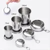 75ml 140ml 240ml Folding Cup Rostfritt Stål Bärbart Utomhus Rese Camping Fällande Kollapsibel Kopp Metall Teleskopisk Keychain Muggar WX9-348