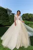 Designer Sheer Jewel Neck Lace Ball Gown Dresses With Long Sleeves Champagne Plus Size Wedding Dress Bridal Gowns Bc