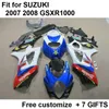 Gorąca sprzedaż Zestaw targowy dla SUZUKI GSXR1000 07 08 Białe Blue Fairings Set GSXR1000 2007 2008 FF56