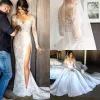 2022 New Split Lace Steven Khalil Wedding Dresses With Detachable Skirt Sheer Neck Long Sleeves Sheath High Slit Overskirts Bridal Gown