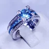 Mode Smycken Bröllop Band Ringar För Kvinnor Män 3ct Sky Blue 5A Zircon CZ 925 Sterling Silver Birthstone Kvinna Ring Set Present