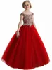 2024 New Hot Bury Red Teal Princess Pageant Scoop Crystal Beads Tulle Puffy Kids Party Birthday Gowns Flower Girls Dresses 403