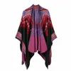 Nya Kvinnor Vinter Etnisk Abstrakt Mönster Tjockad Coat Cape Wrap Poncho Shawl Scarf Split Dual-Använd sjal dropshipping