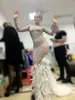 DJ Songbird Funkelndes Strass-Feder-Kleid in Nude, sexy Nachtclub, voller Steine, langes Kleid mit großem Schwanz, Kostüm, Abschlussball, Geburtstag, Feiern 245d