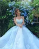Arabisch A Line Sky Blue Dresses Sheer Neck 3d Flowers Applique Beads Open terug plus size Pageant Pareping Jurk Avondjurken
