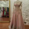 Rose gold Long Sleeve Evening Dresses for Women Wear Lace Appliques crystal Abiye Dubai Kaftan Muslim Prom Party Gowns 2018