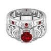 Partihandel gratis frakt mousserande lyx smycken 925 sterling silver röd ruby ​​cz diamant ädelstenar kvinnor bröllop brud hjärta ring set present