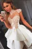 Modest 2018 White Satin Dusty Pink Lace Applique Short Homecoming Dresses Sheer High Neck Capped Sleeve Mini Party Gowns Custom EN12219