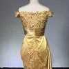 Utanför axeln Long Aftonklänningar Arabiska Golden Tulle Applique Ruched Beaded Floor Length Pagant Formell Party Prom Gowns DH4210