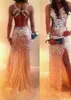 Sexy Sparkling Prom Dresses Halter Neck With Rhinestones High Split Side Criss Cross Back Long Pageant Party Gowns Real Image DH356