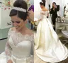 2018 Pas Cher Vintage Une Ligne Robes De Mariée Hors Épaule Illusion Manches Longues Appliques Dentelle Perlée Plus La Taille Ceintures Satin Formelle Robe De Mariée