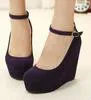 2013 Cute 2 suede purple wedges black wedges women's ankle strap high plarform wedges heel shoes