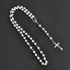 Collier pendentif croix Crucifix plaqué argent pour femmes et hommes, 28 pouces, avec perles d'imitation, chapelet, chaîne de perles