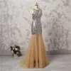 Bling Bling Shinning Zroszony Prom Dresses 2018 Szampan Syrenka Suknie Wieczorowe Długość Piętra Sexy Backless Formalna Dress Custom