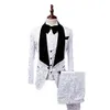 White Jacquard Men Wedding Tuxedos Black Velvet Lapel One Button Groom Tuxedos Men Prom/Dinner 3 Piece Suit Blazer(Jacket+Pants+Tie+Vest)360