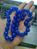 Handgjorda kvinnor12mm Faced Blue Jade Bead Halsband 45cm Örhängen Sätta Mode Smycken