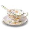 Bone China 6.8oz Coffee Cup with Saucer and Spoon, Set of 3 - Light Yellow Flower