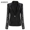 Blazer Branco das Mulheres Rendas Patchwork Trabalho Formal Casaco Preto Casaco Feminino Curto Fino Blazers de Manga Longa Um Botão Das Mulheres Terno L18101302