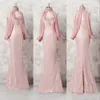 Wysoka szyja Koronki Prom Dresses Stylowe Zroszony Aplikacja Szyfon Długie Rękawy Suknia Saudyjska Arabia Glamorous Mermaid Formalne Dresses