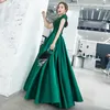 Scoop Neck Satin Evening Dresses with Short Sleeves 2019 Beaded Long Evening Gowns Dark Green Prom Dress