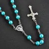 Silver Plated Cross Crucifix Pendant Necklace For Women Men 28 Inch With Imitation Pearls Rosary Beads Chain Necklace