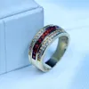 3 Cores Rodada Masculino Anel de Banda Garnet 5A Zircon pedra partido anel de banda de casamento para Homens Ouro Amarelo cheio de moda Jóias