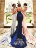 Formal Dresses Modest Mermaid Halter Appliques Beads Backless Trumpet Navy Blue/Blush/Silver Bridesmaid Dresses HY252