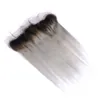 Ombre brasiliano grigio argento fasci di tessuto dei capelli umani radice scura con 13x4 frontale in pizzo chiusura # 1b / grigio ombre estensioni di trama dei capelli vergini