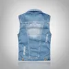 Män Vest Waistcoat Denim Jacka Ärmlös Hole Ripped Vest Spring Summer Coats Ny Ankomst 2018 S-6XL Stor Storlek Ljusblå