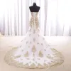 Nouvelle sirène blanche et robe de mariée en or Real Photos Sweetheart Chapel Train Applique Robe de mariée en dentelle pour femmes filles