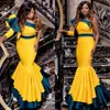 South African Mermaid Prom Dresses Sexy Hunter and Yellow Ruched One Ramię Suknie Wieczorowe Sweep Sweep Women Cocktail Party Dress