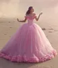 2018 Pink Arabic Quinceanera Ball Gown Dresses Puffy Off Shoulder 3D Flowers Cathedral Train Sweet 16 Cheap Tulle Party Prom Evening Gowns