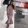 Dubai Sparkly Sequined Prom Dresses Sexy Jewel Neck Sash Sleeveless High-Low Mermaid Party Gowns Stylish Cocktail Dress Formal Evening Dress