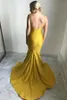 Yellow New Sexy Mermaid Prom Dresses Spaghetti Straps Backless Pleats Sweep Train Elegant Formal Dress Evening Gowns Vestidos