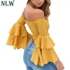 Nlw koude schouder flare mouw zomer sexy blouse shirt 2018 backless slash nek strand party rood geel wit zwart crop top