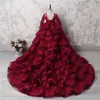 Amazing Multi-Layer Girls Pageant Gowns Dark Red Lace Long Sleeves Appliques Beads Flower Girl Dresses For Wedding Long Train Party Dress