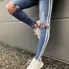 Heren blauwe gescheurde gaten jeans zijkant gestreepte skinny rechte slanke elastische denim fit jeans herenmode lange broek jeans