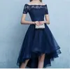 Navy Blue Cocktail Dress Hi Lo Tulle with Applique Short Sleeves Light Gray,Black,Burgundy Party Gowns Cheap Special occassion dresses