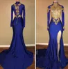Arabic Gold Appliques High Neck Blue Prom Dresses 2K Mermaid Long Sleeves Sexy High Split Black Girls Evening Gowns Celebrity Dress