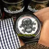 Nieuwe 42mm DATUM PAGANI Automobili PVD Zwart Staal Skelet Skull Dial Automatic Mens Horloge Lederen Band Hoge Kwaliteit Goedkope Gents Horloges