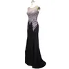 Sheer Neck Preto Vermelho Formal Vestidos de Noite Beads Imagem Real Bordado Manga Longa Ocasião Pageant Vestidos de Festa Árabe Plus Size HY877