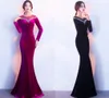 New Velvet Noble Winter Long Sexy Elegant Blue Velvet Evening Dresses Fishtail Neck Long Sleeved Halter Party Dresses HY019