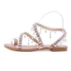 2019 Woman Sandals Women Shoes Rhinestone String Bead Gladiator Flat Sandals Crystal Chaussure Sandalias بالإضافة إلى حجم 35-43