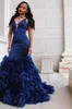 African Black Girl Royal Blue Mermaid Prom Dresses Sexig Deep V Neck Sleeveless Ruffles Organza Kjol Formella festklänningar Evening Wear HY219