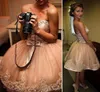 Cute Champagne Short Prom Dresses Sweetheart Pearl Appliques Beaded Tulle Satin Bow Backless Short Party Dresses Ball Gown