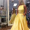 Sexy Halter Backless Yellow Evening Prom Dresses Sexy Two Pieces Long Formal Dress Party Wear Hot Women Evening Gowns Custom Made