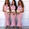 Moda Alta Neck Bridesmaids Vestidos Ver Através de Renda Sem Mangas No Tornozelo Comprimento Sereia Convidado Do Casamento Vestido de Festa Sexy Vestido de Baile Prom Barato